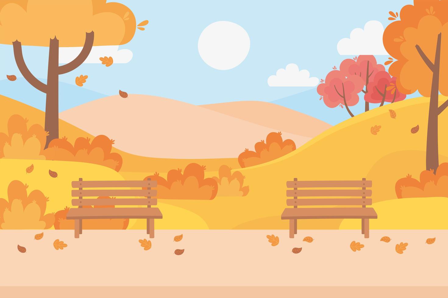 landscape in autumn nature scene, benchs park falling leaves path trees sky clouds vector