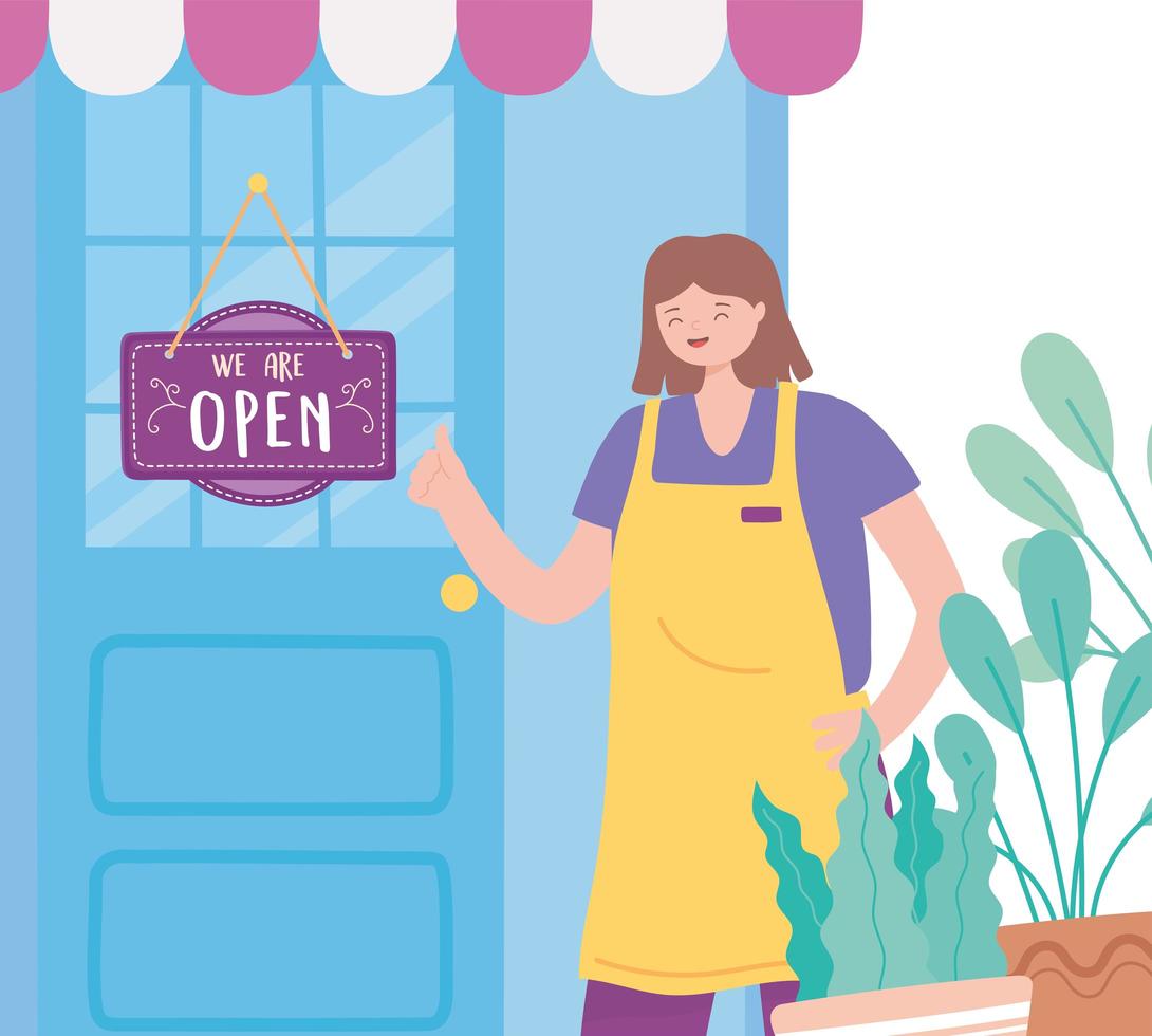 we are open sign, happy employee woman with apron door with hanging signboard and plants vector