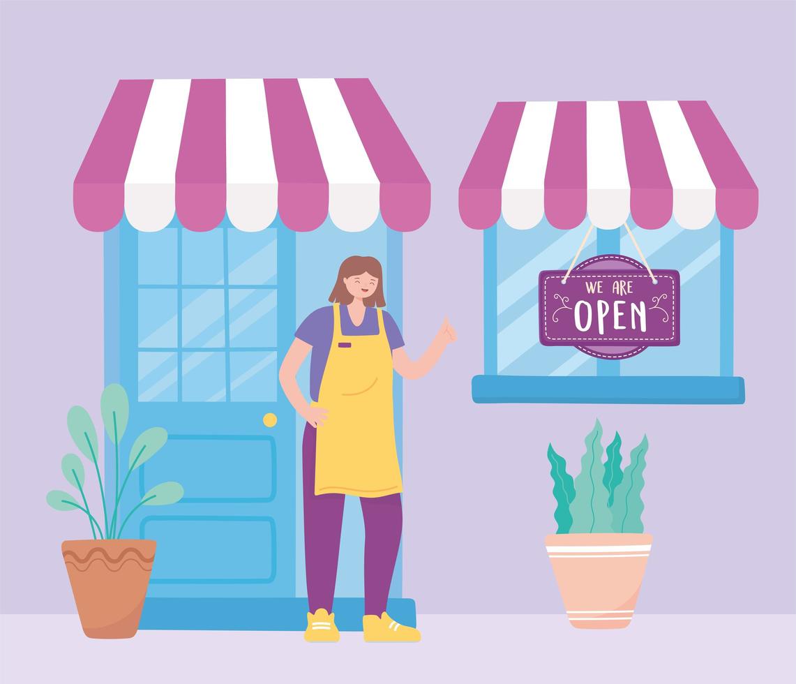 we are open sign, front view store door window employee and plants vector