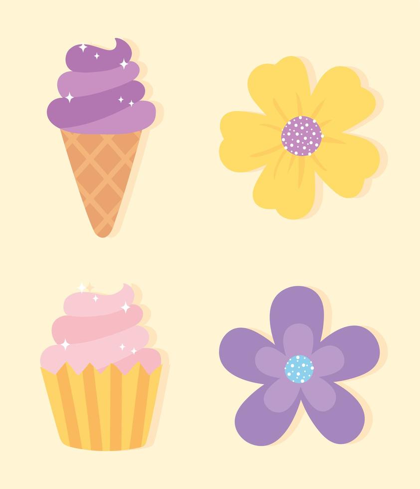 flores decorativas helado cupcake dulce dibujos animados iconos vector