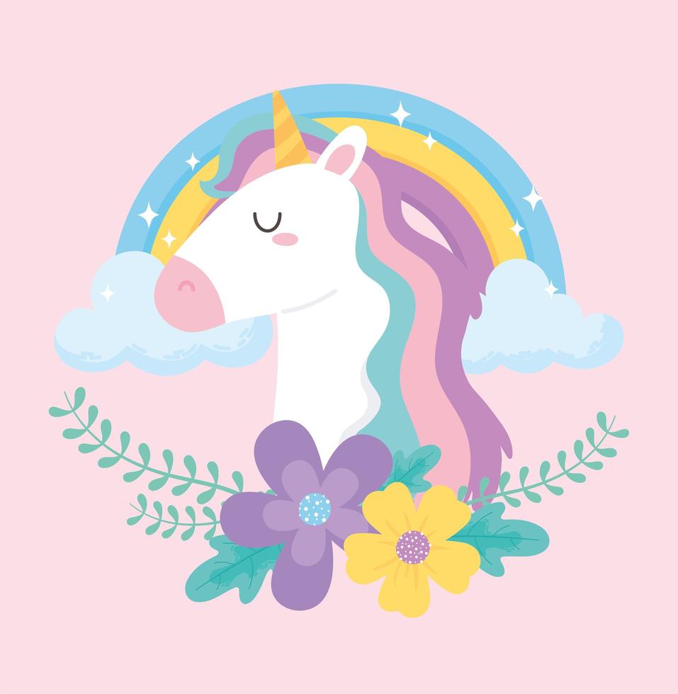 lindo unicornio mágico arco iris flores nubes sueño animal dibujos animados vector