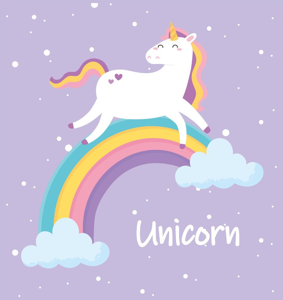 lindo unicornio mágico caminando sobre dibujos animados de animales arcoiris vector