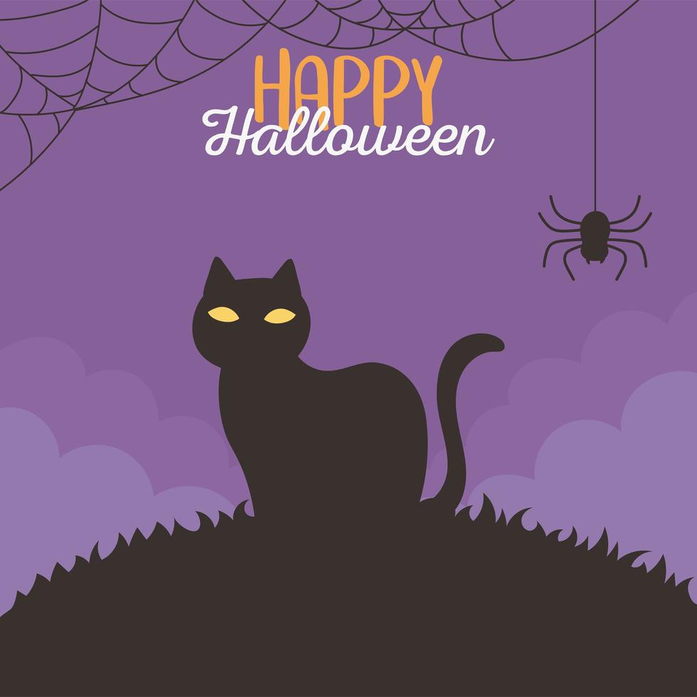 happy halloween, dark cat and spider cobweb night trick or treat party celebration vector