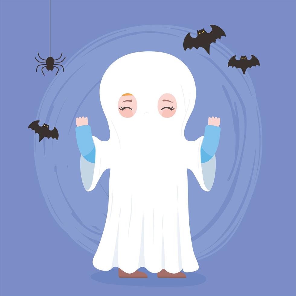happy halloween, cute ghost costume character and bats trick or treat, party celebration vector