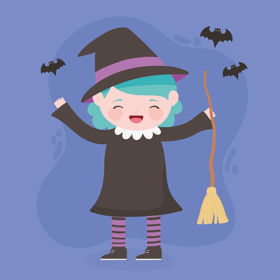 happy halloween, costume character girl witch with broom and bats, trick or treat, party celebration vector