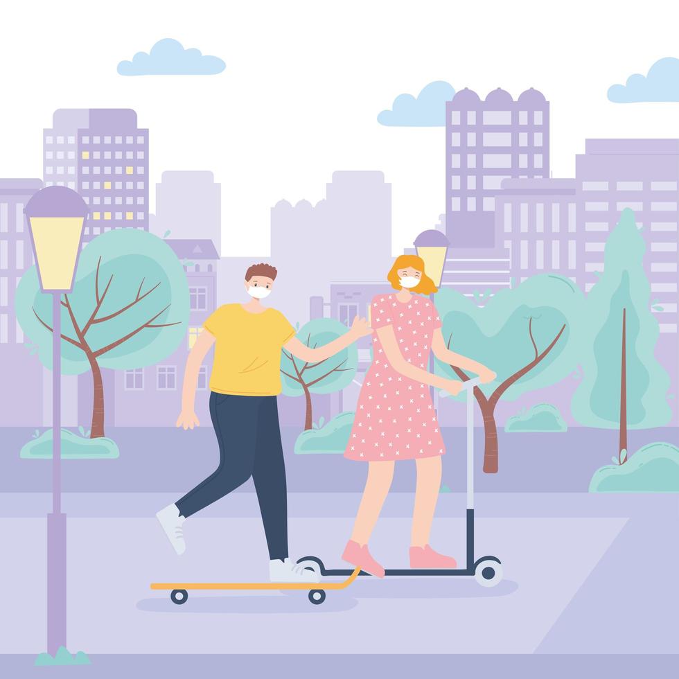 personas con mascarilla médica, mujer y niño montando patines y patinetas en el parque urbano, actividad de la ciudad durante el coronavirus vector