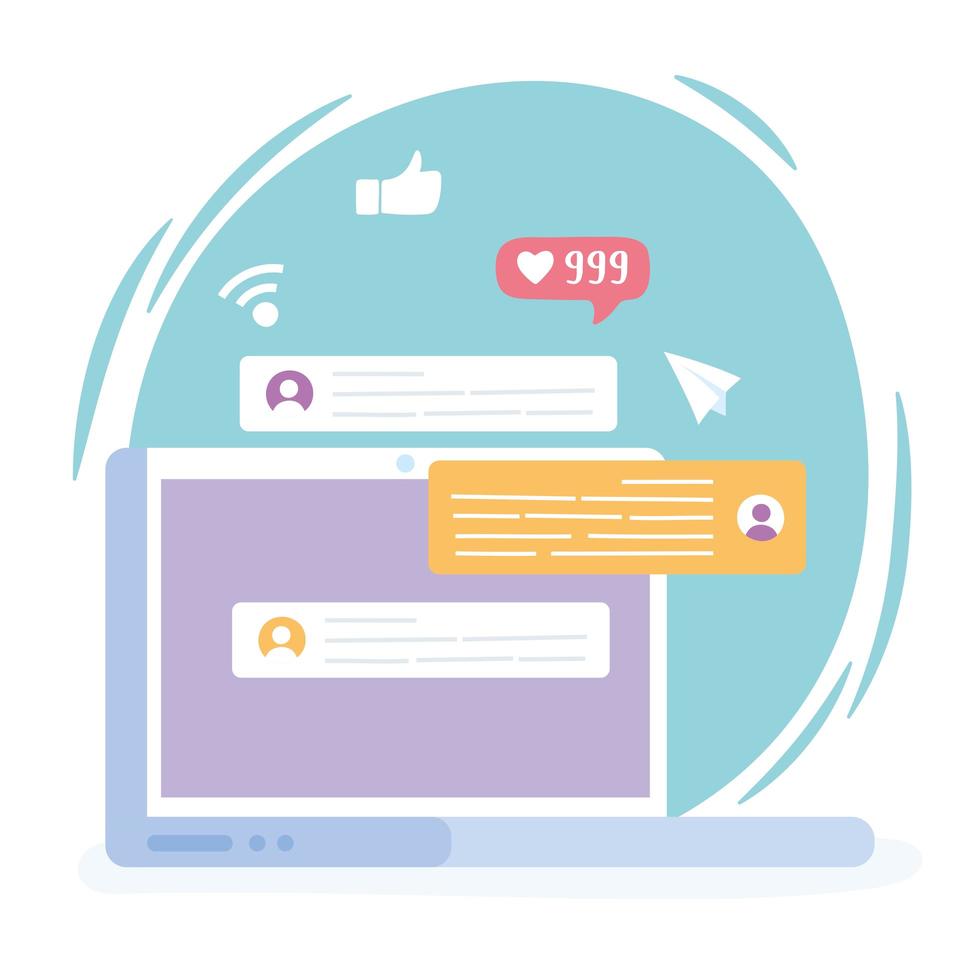laptop website chat and message bubbles, social network communication system and technologies vector