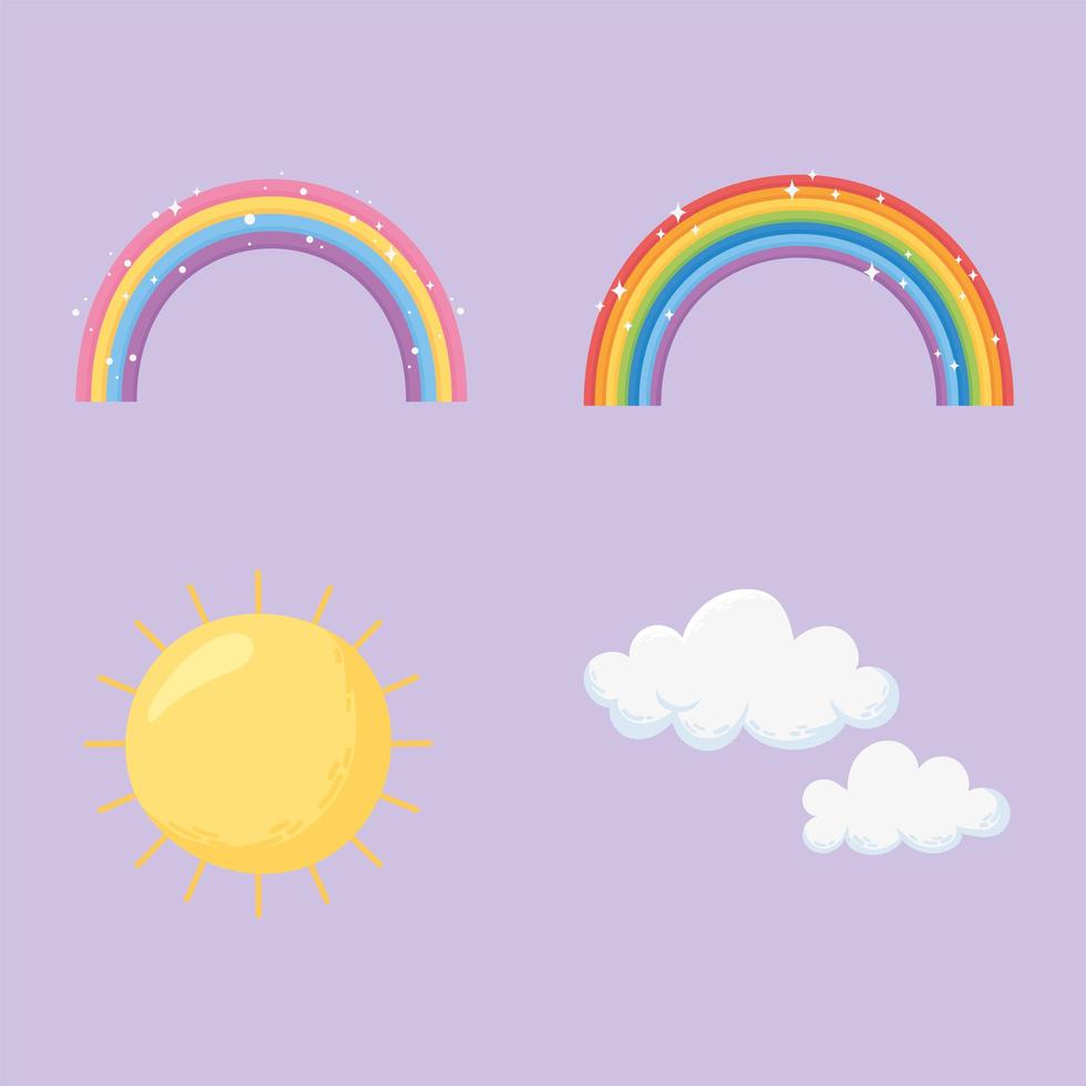 sky rainbows sun clouds bright stars icons background vector