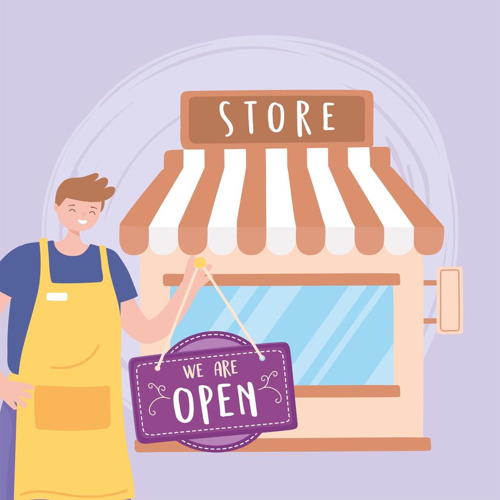 we are open sign, shop store exterior billboard and employee with apron vector