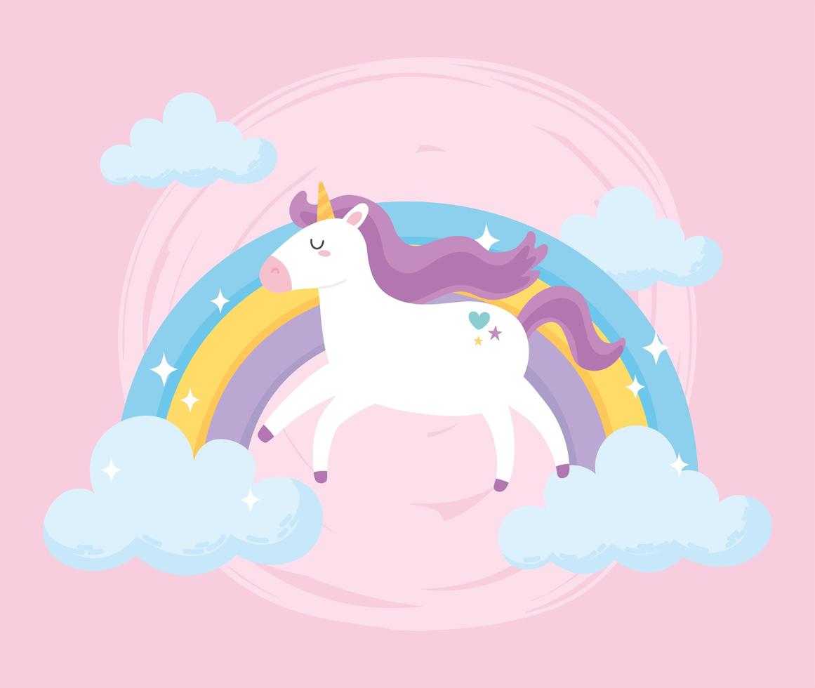 lindo unicornio mágico con melena morada nubes arcoiris dibujos animados de animales vector