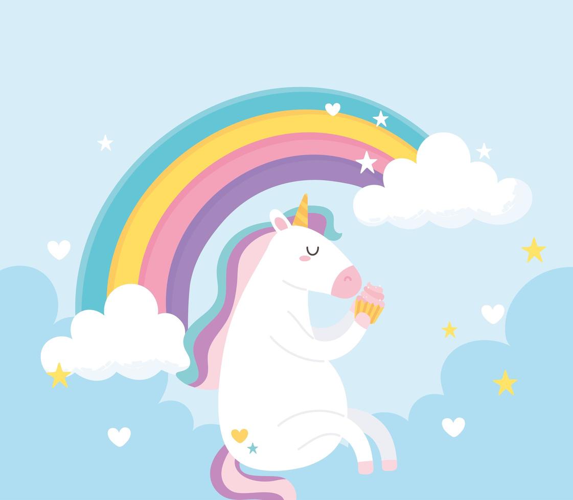 cute magical unicorn eating sweet cupcake in the sky with rainbow cartoon vector