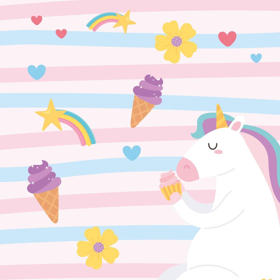 lindo unicornio mágico comiendo cupcake con helado flores de arco iris fondo de dibujos animados de animales vector