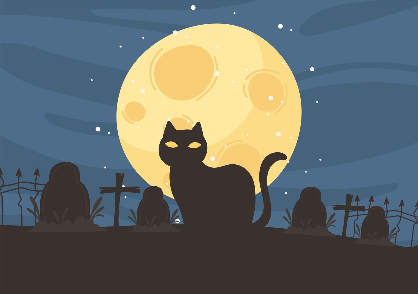 happy halloween, black cat cemetery gravestones crosses night moon trick or treat party celebration vector