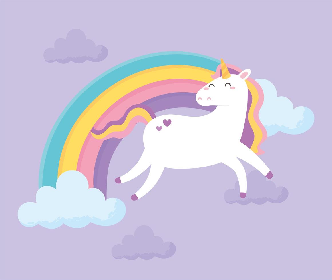 lindo unicornio mágico arco iris nubes cielo animal dibujos animados vector