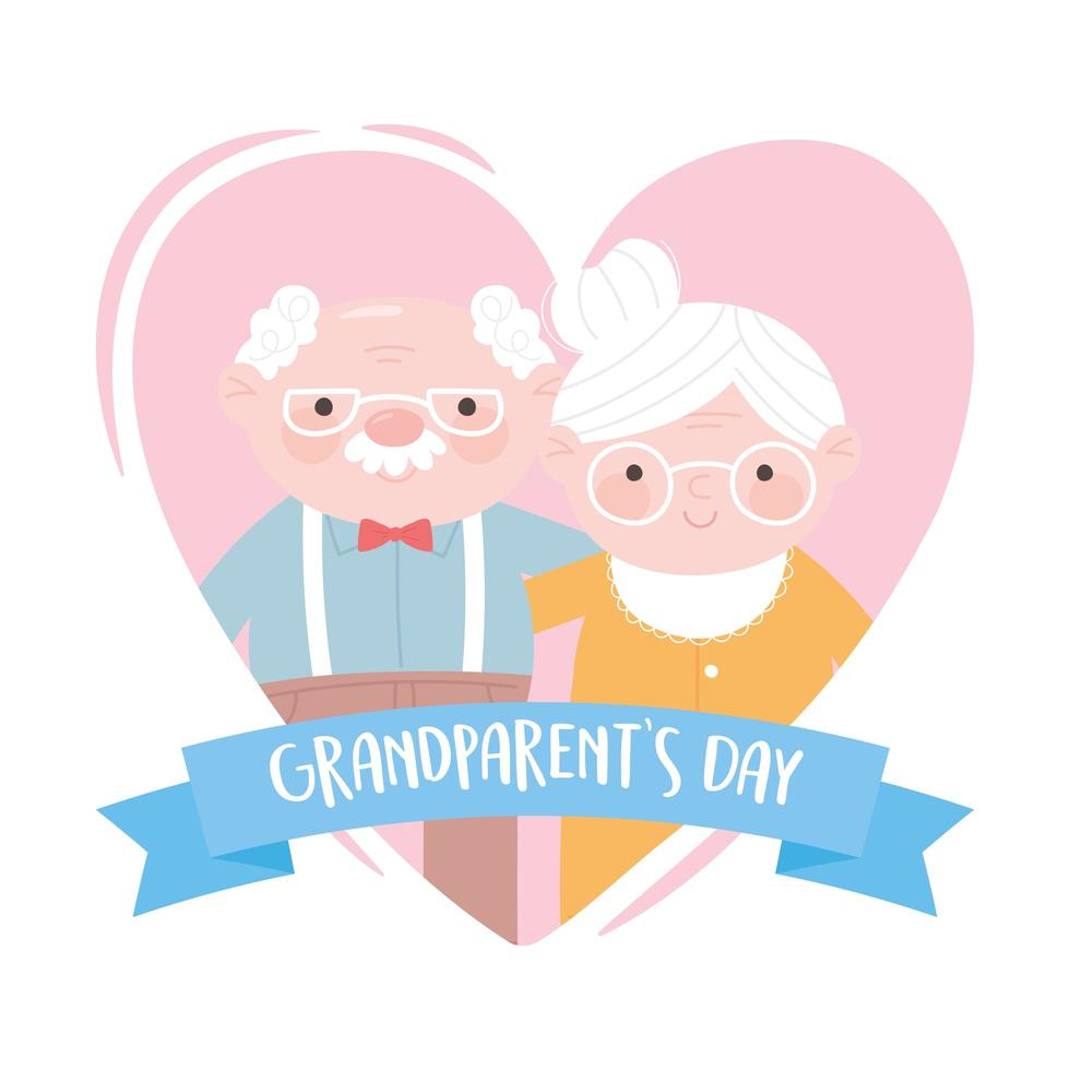 feliz día de los abuelos, lindo abuelo y abuela en corazón amor tarjeta de dibujos animados vector