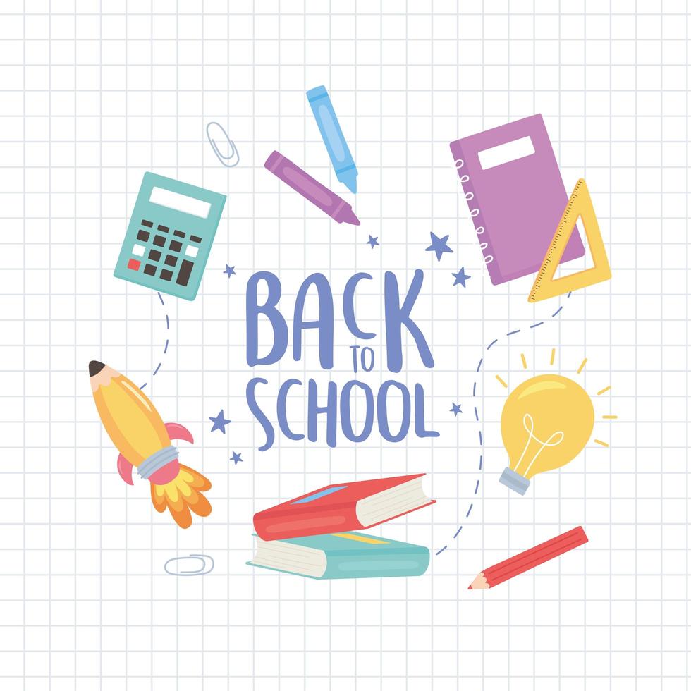 back to school, text and drawings by colored pencils book calculator education cartoon vector