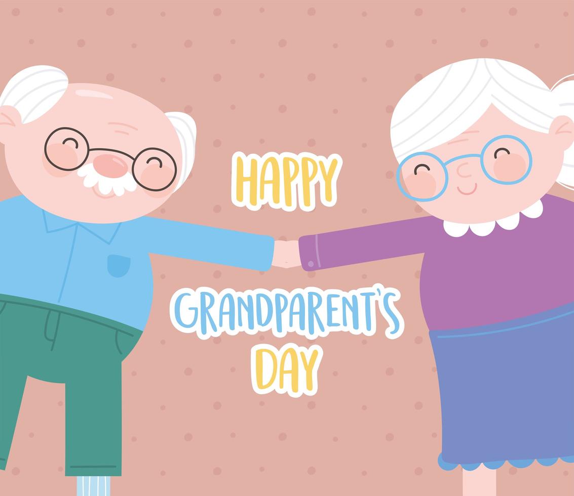 happy grandparents day, funny grandpa and grandma holding hands cartoon card vector