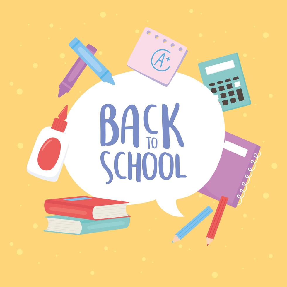 back to school, books notebook glue calculator crayons education cartoon vector