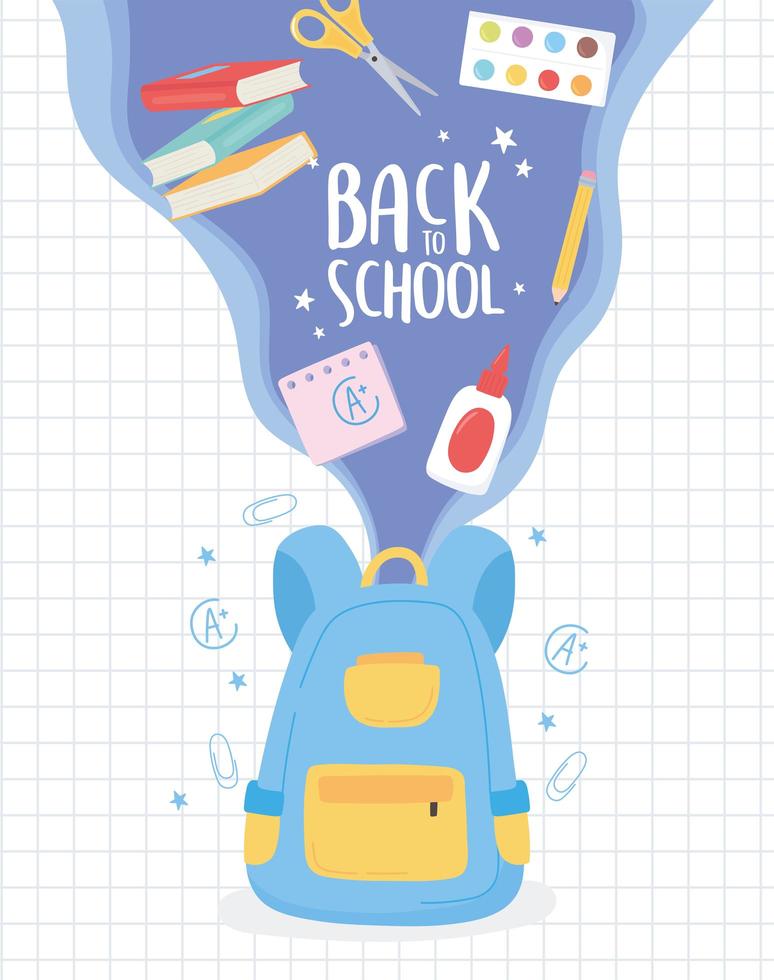 regreso a la escuela, mochila, libros voladores, pegamento, tijeras, educación, dibujos animados vector