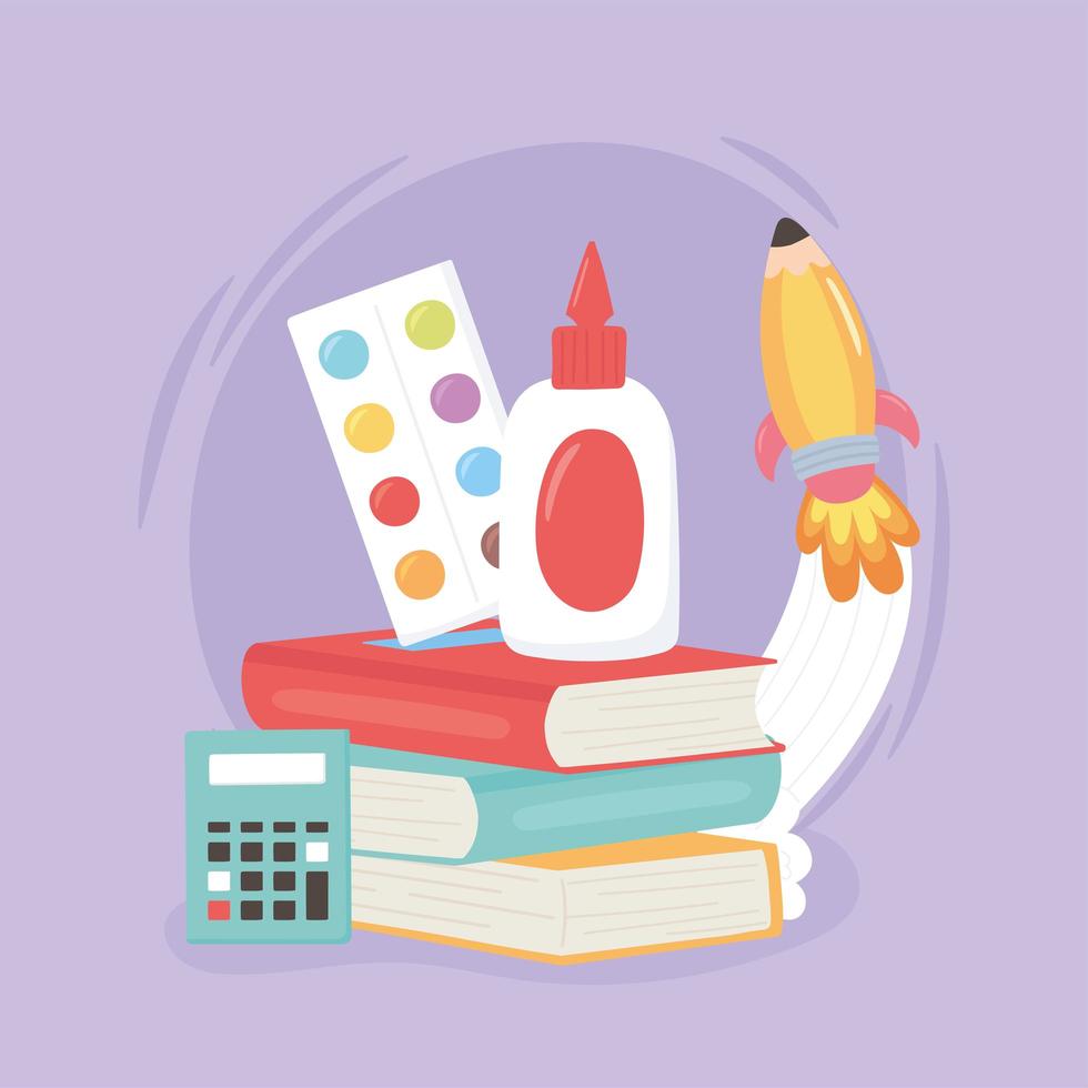 back to school, palette color books glue calculator and rocket education cartoon vector