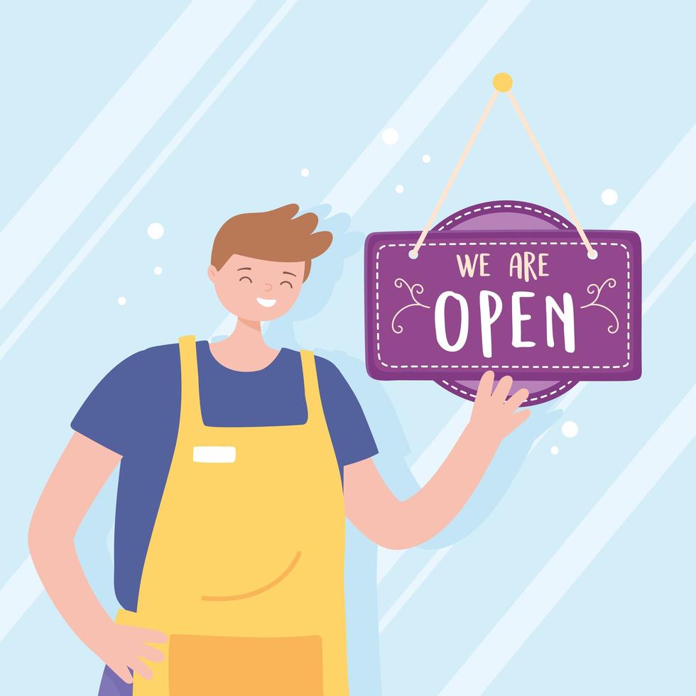 we are open sign, young employee with hanging signboard cartoon vector