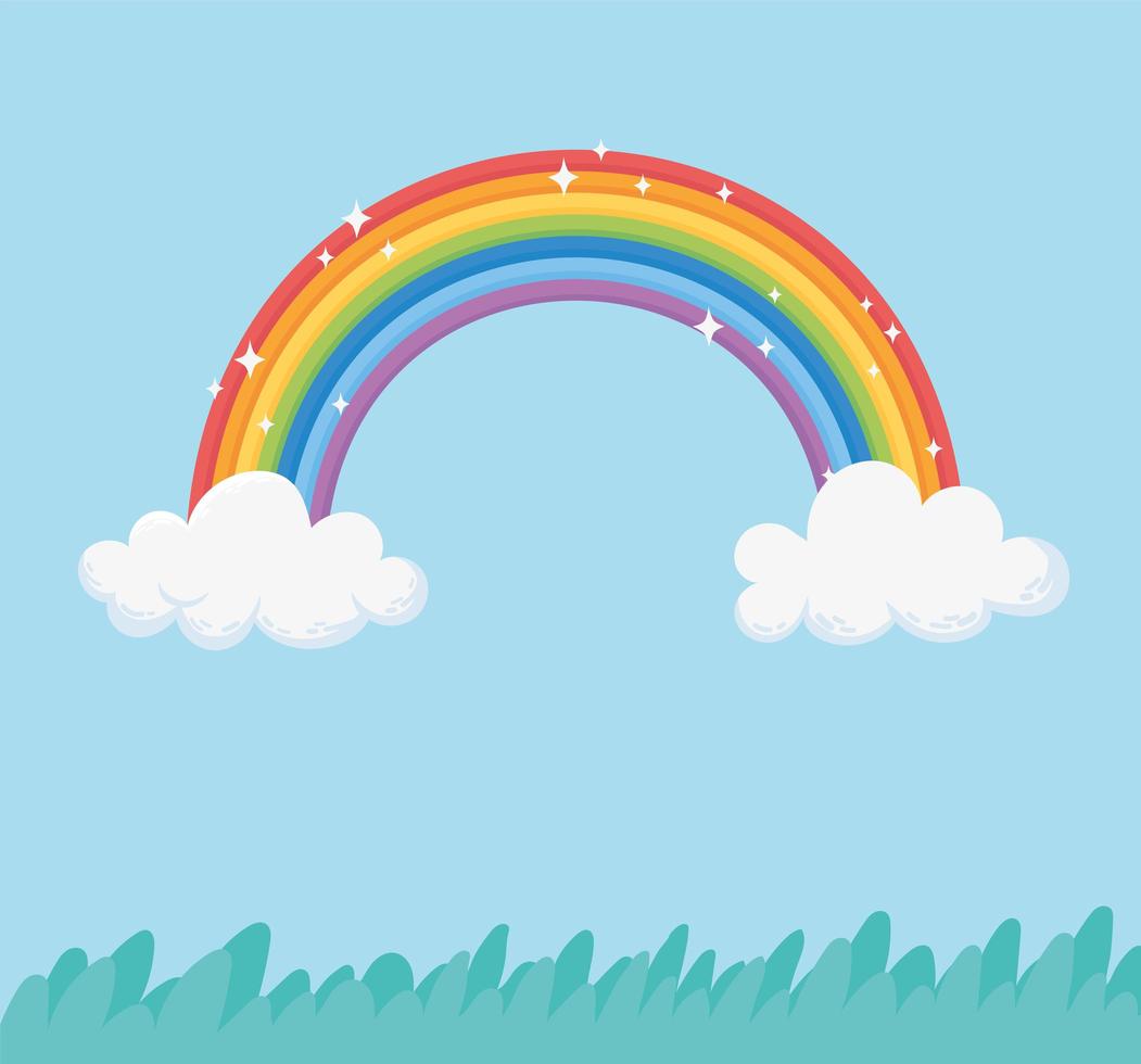 sky rainbow clouds bright fantasy grass nature cartoon vector