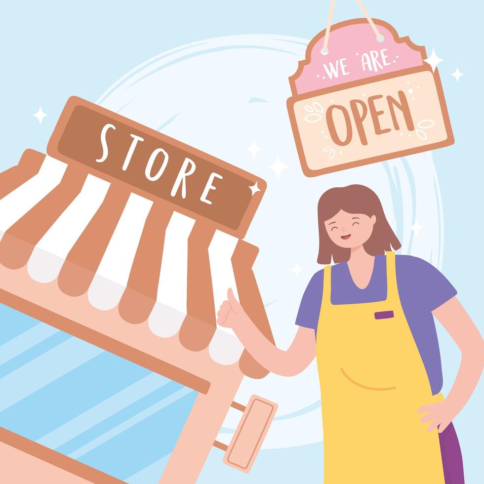 we are open sign, young woman employee with apron store board cartoon vector