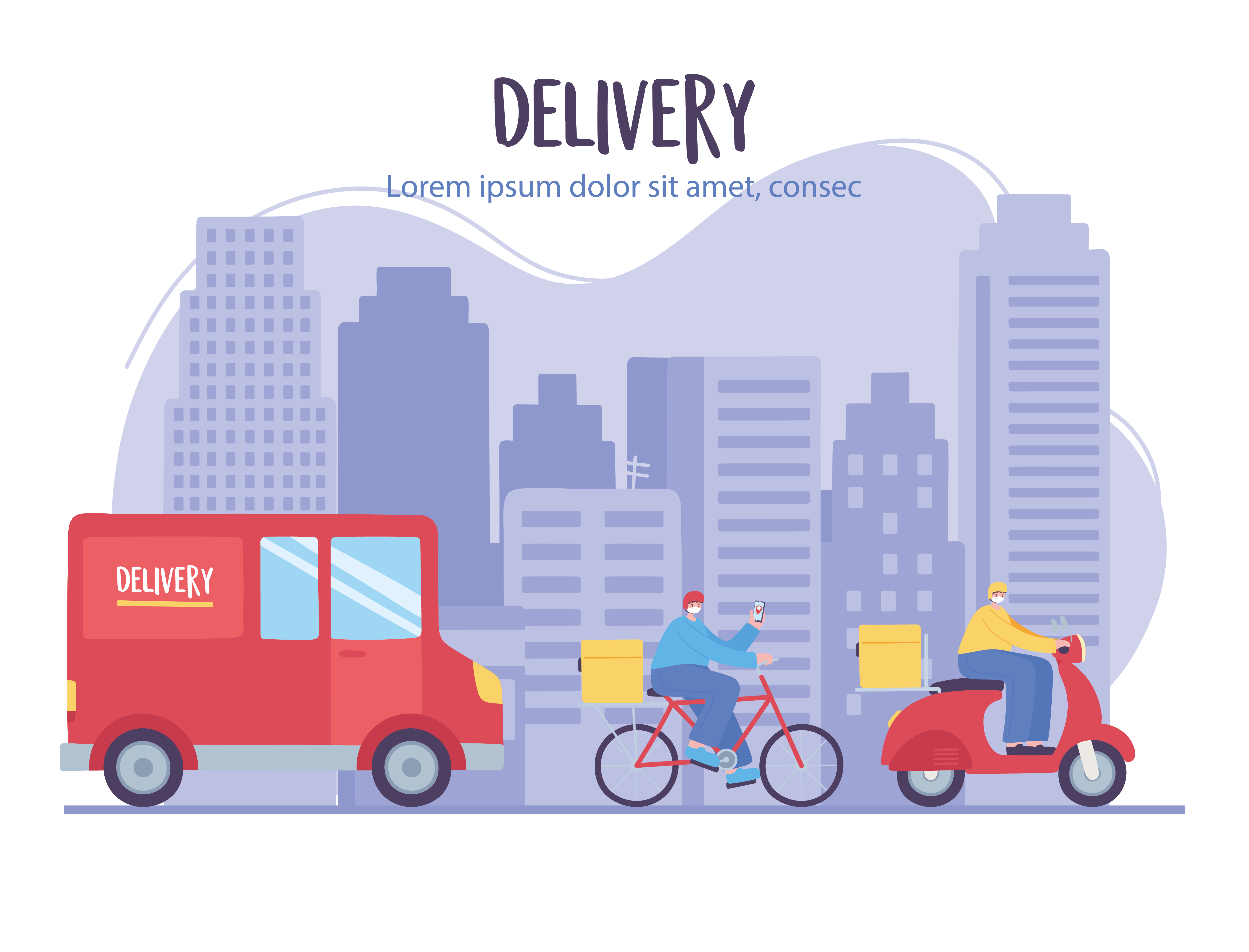 online delivery service, truck man worker in bike and scooter city, fast and free transport, order shipping 2682174 Vector Art at Vecteezy