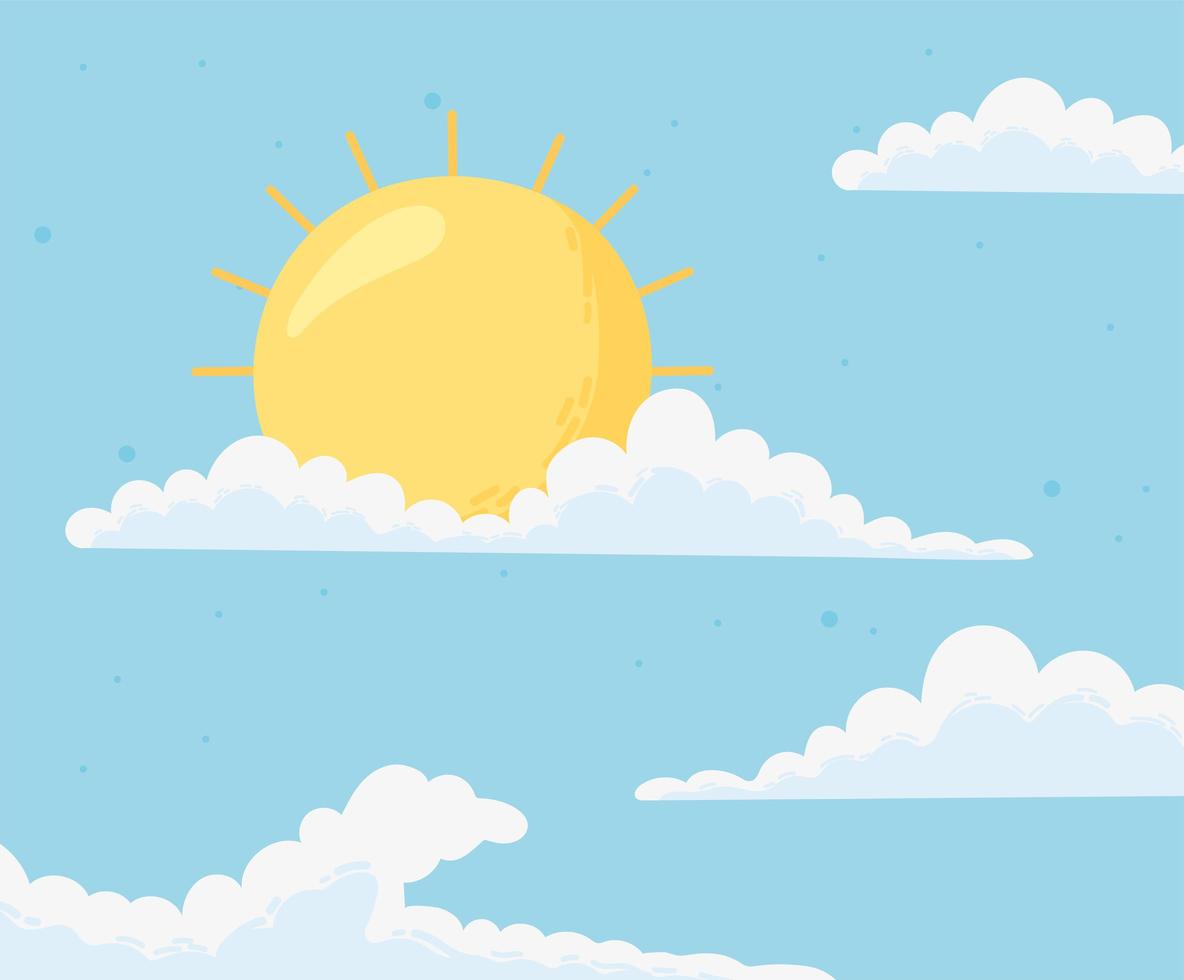 blue sky with clouds and sun cartoon background vector