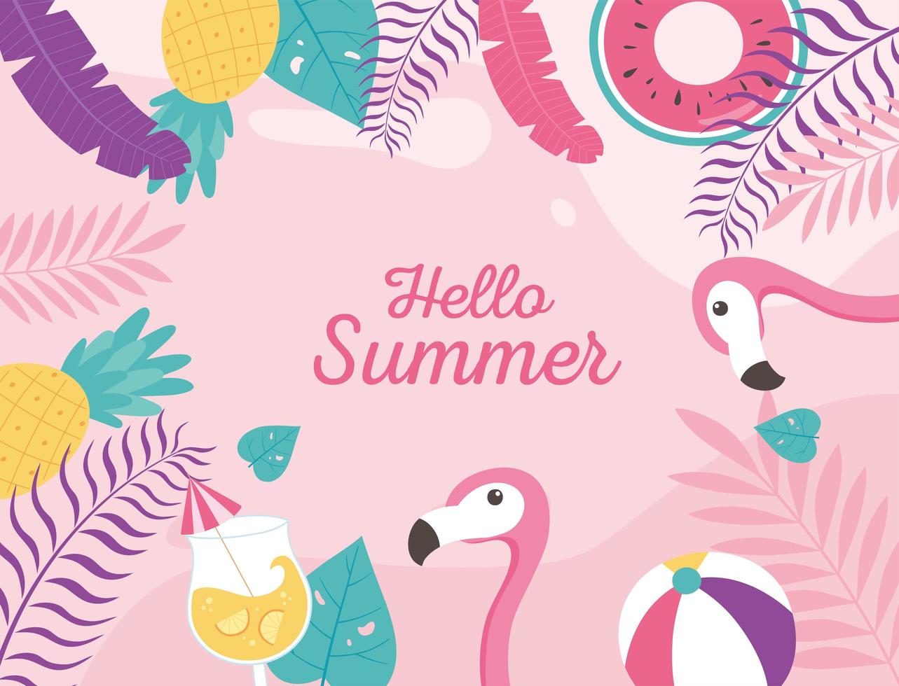 flamingos cocktail beach ball float exotic tropical leaves, hello summer lettering vector