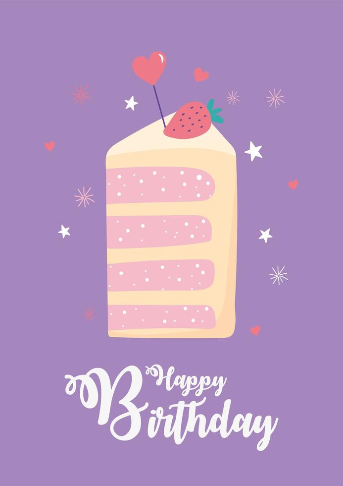 happy birthday, slice cake with fruit and heart love decoration celebration party vector