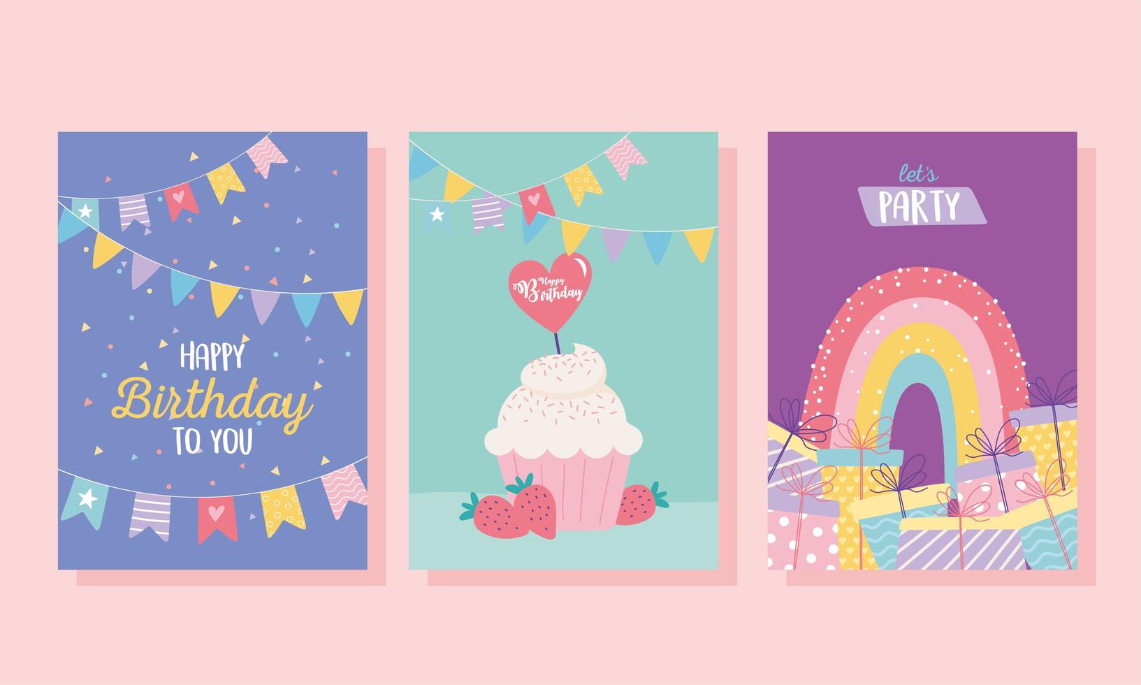 happy birthday, cupcake gifts rainbow decoration celebration greeting card and party invitation templates vector