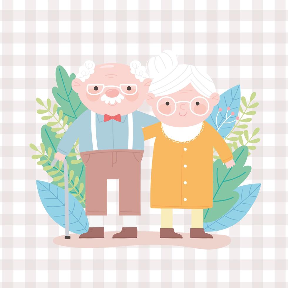 happy grandparents day, grandpa grandma together leaves foliage character cartoon card vector