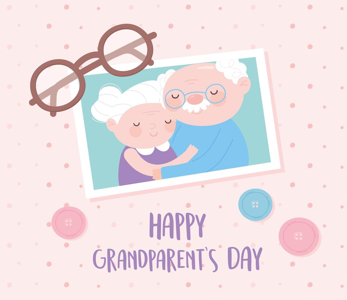 happy grandparents day, cute photo with grandpa and grandma glsses and buttons cartoon card vector