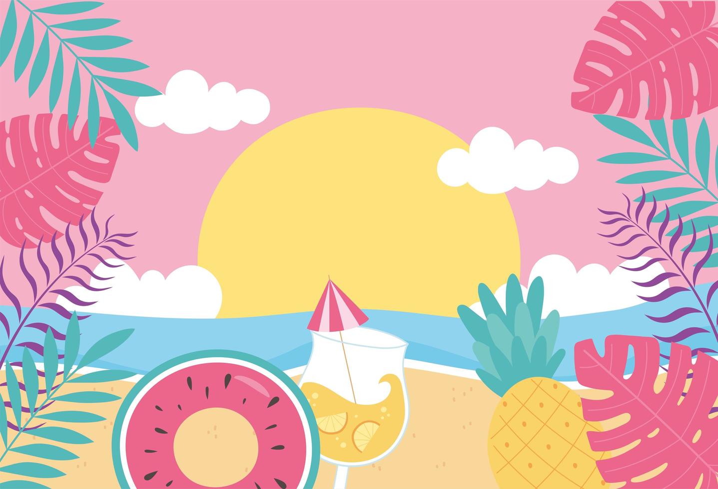 hello summer, tropical leaves foliage sea beach float cocktail sunset vector