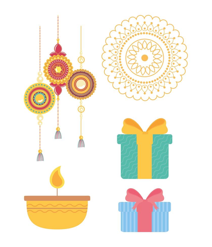 raksha bandhan, pulseras mandala velas cajas de regalo celebración amor hermanos y hermanas indio vector