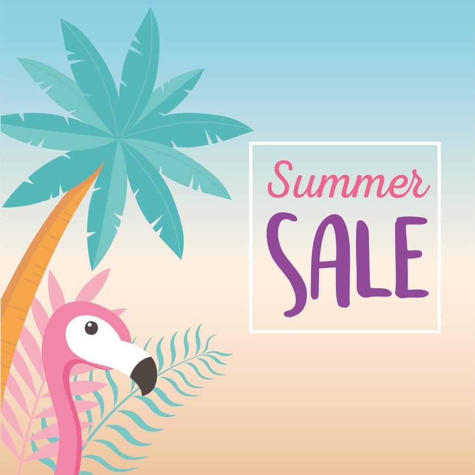 flamingo bird palm tree with exotic tropical leaves, hello summer sale vector