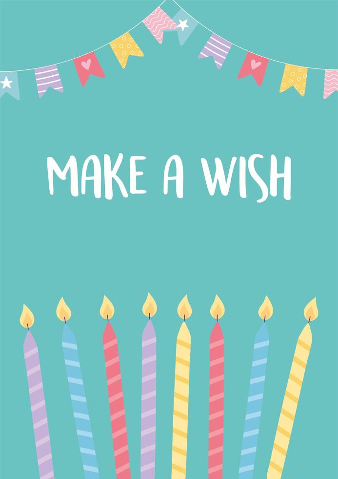 happy birthday, burning candles and decorative pennants celebration party card vector