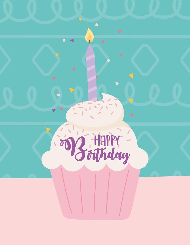 happy birthday, cupcake with burning candle confetti decoration celebration party vector