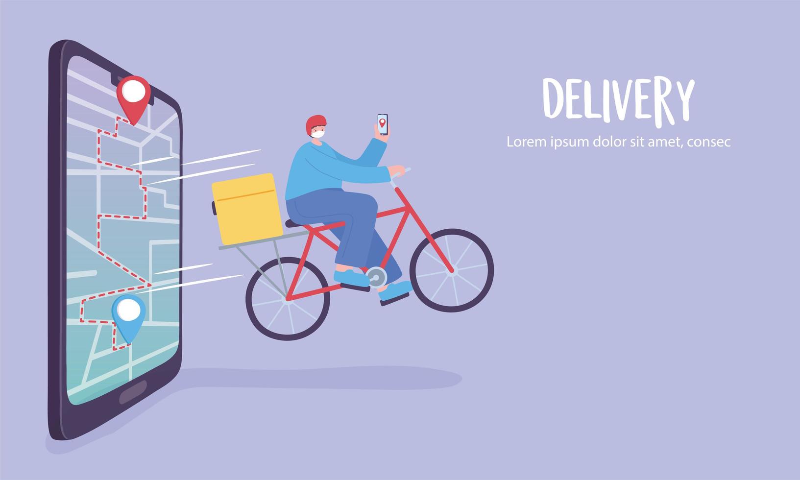 servicio de entrega en línea, hombre en bicicleta, aplicación en un seguimiento de teléfono inteligente, transporte rápido y gratuito, vector
