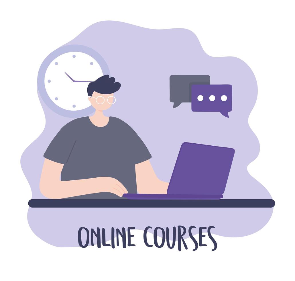 online training, young man using laptop chatting, courses knowledge development using internet vector