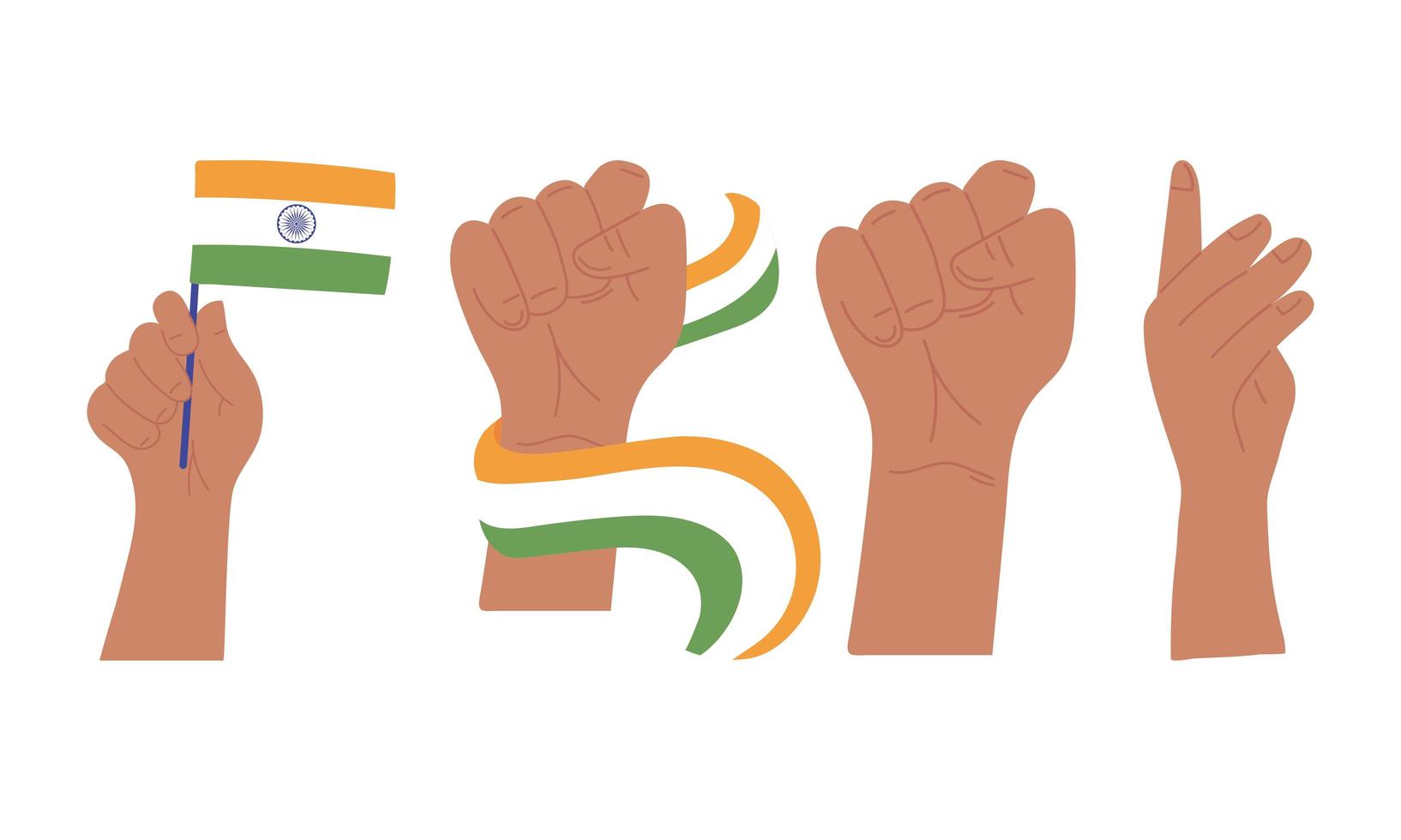 happy independence day india, raised hands with flag and fist gesture vector