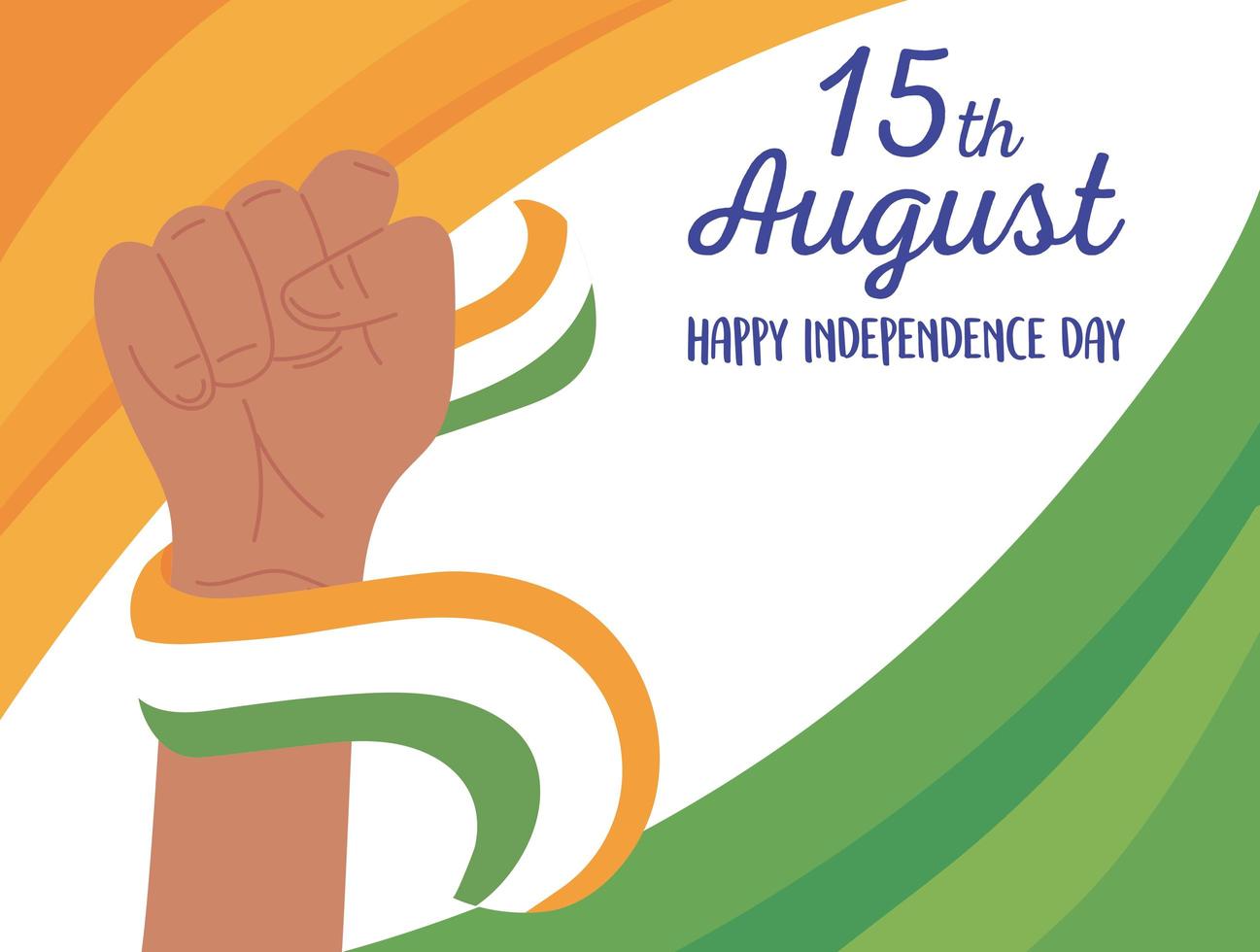 happy independence day indian, flag in raised hand poster template vector