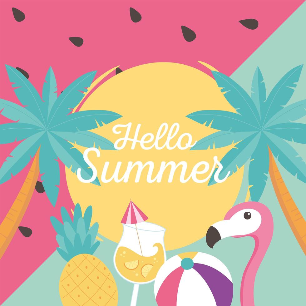 flamingo bird pineapple cocktail ball exotic tropical palms, hello summer vector