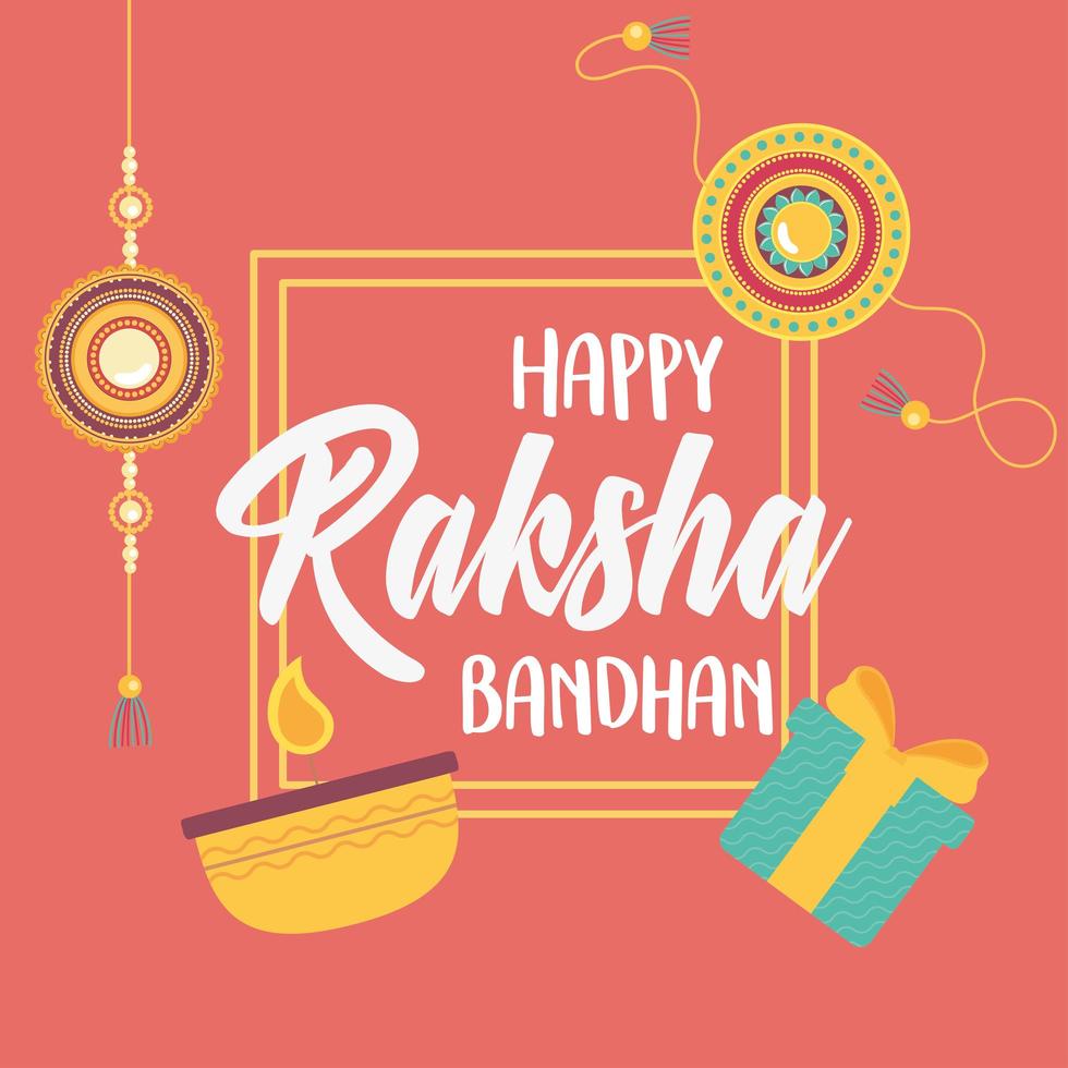raksha bandhan, bracelets gift box and candle love brothers and sisters indian celebration vector