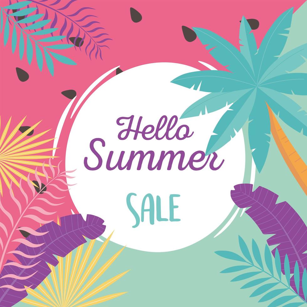 hello summer, tropical leaves foliage exotic badge watermelon background vector