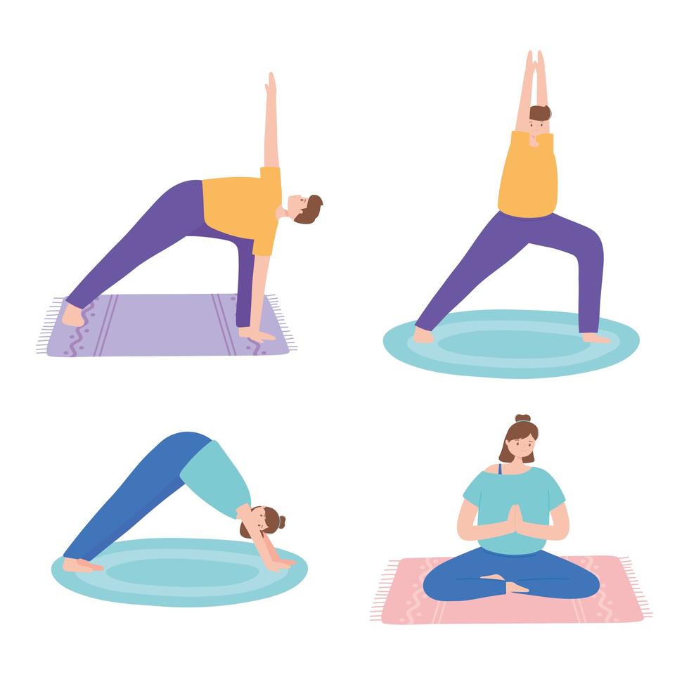 people practicing yoga different pose exercises, healthy lifestyle, physical and spiritual practice set vector