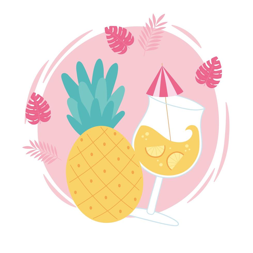 hello summer, tropical pineapple fruit cocktail with umbrella vector