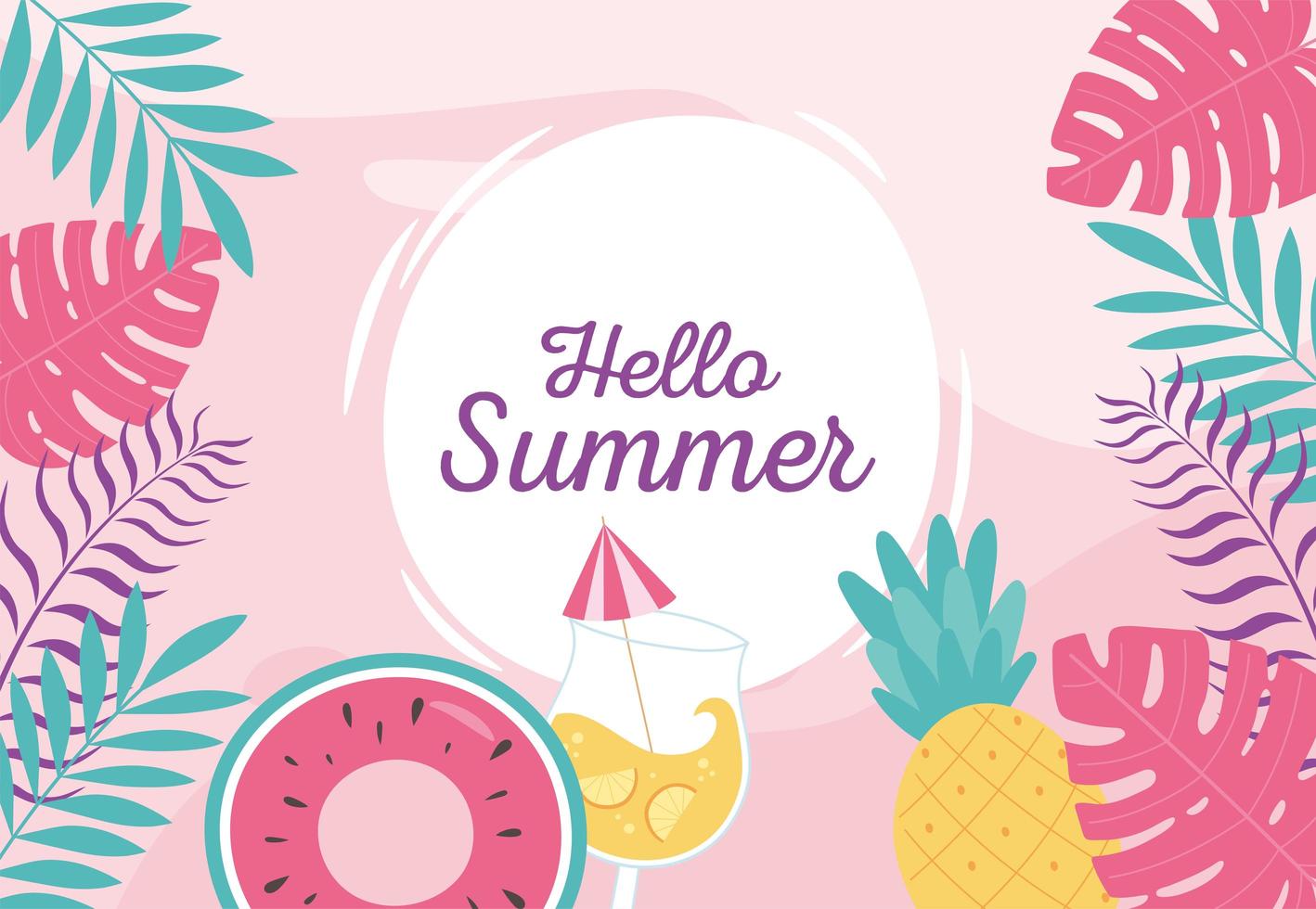 hello summer, tropical leaves foliage float cocktail pineapple badge vector
