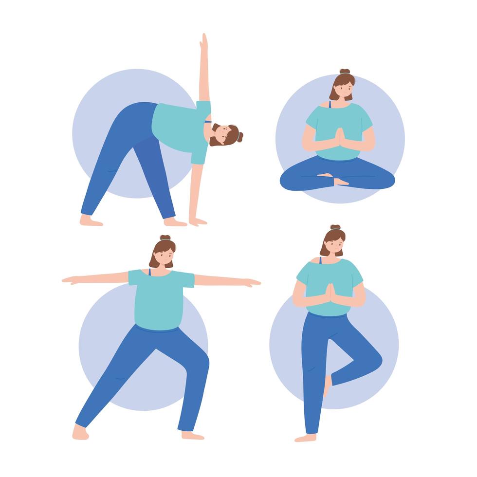 people practicing yoga different pose exercises, healthy lifestyle, physical and spiritual practice set vector